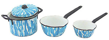 Dollhouse Miniature Pot with Lid, 2 Sauce Pans, Flow Blue